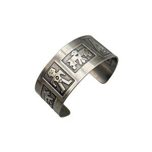 Vintage Silver Tone Cuff Bracelet Native American Inspired with Tribal Symbols